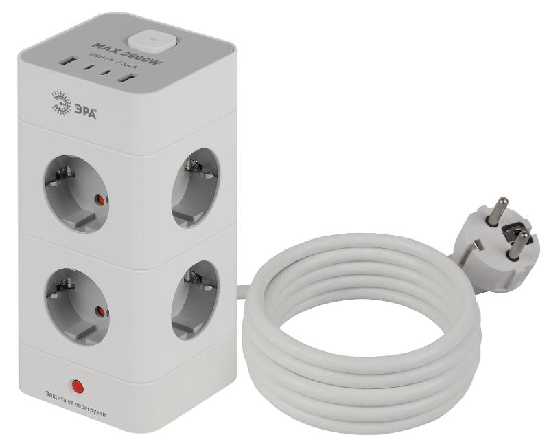 Сетевой фильтр ЭРА TWR-8es-1,5m-4USB-W башня с защитой заземлением с выключателем 8 розеток+4xUSBA+C 1,5м 16А белый | Б0069071 | ЭРА — ЭРА (Энергия света)