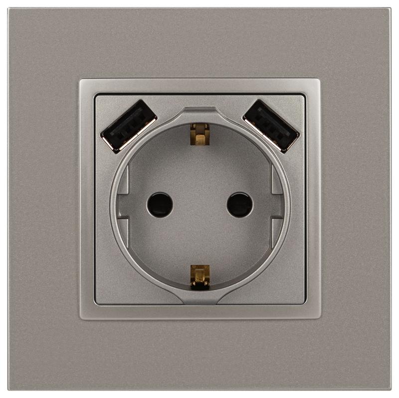 Розетка Elegance 14-4109-16 2P+E 16A-250В, штор. с 2xUSB 5В-3А, титан | Б0065775 | ЭРА — миниатюра 3