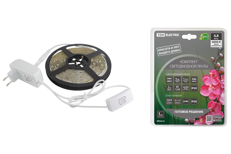 Комплект светодиодной ленты SMD2835-60 LED/м-12 В-4,8 Вт/м-IP20-6000 К (5 м), 24 Вт  | SQ0331-0223 | TDM — TDM ELECTRIC