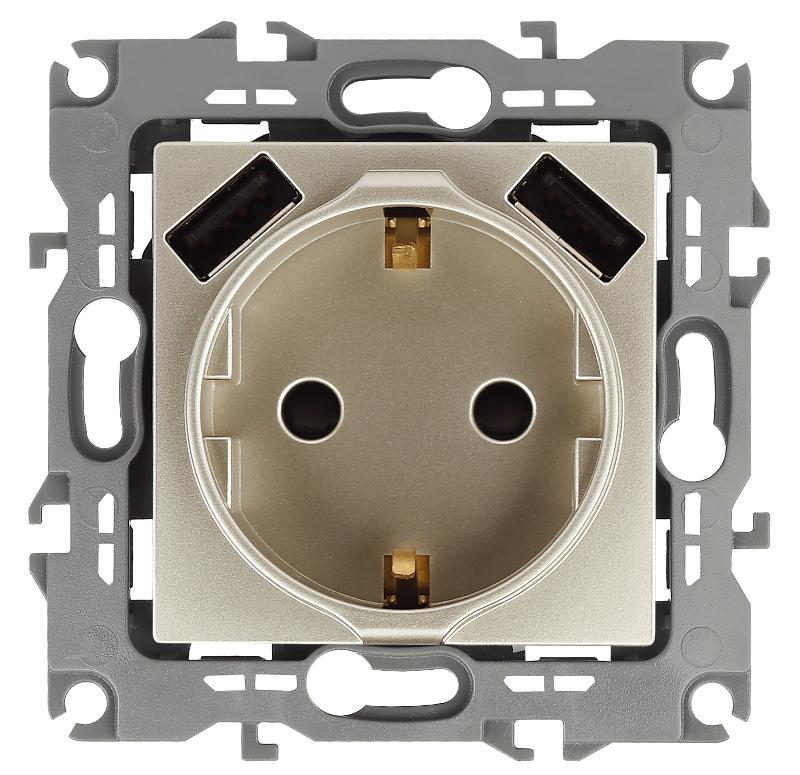 12-4109-04 Розетка с заземлением 16A-250В, штор. с 2xUSB 5В-3А, 12, шампань  | Б0047843 | ЭРА — миниатюра 1