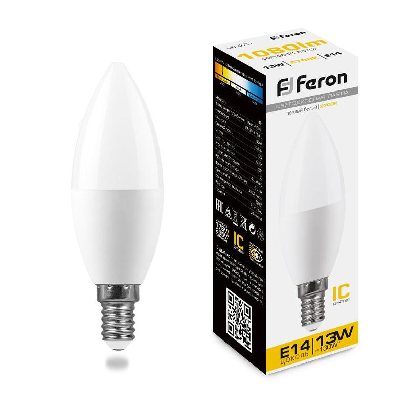 Лампа светодиодная, (13W) 230V E14 2700K С37, LB-970 | 38107 | FERON — Feron