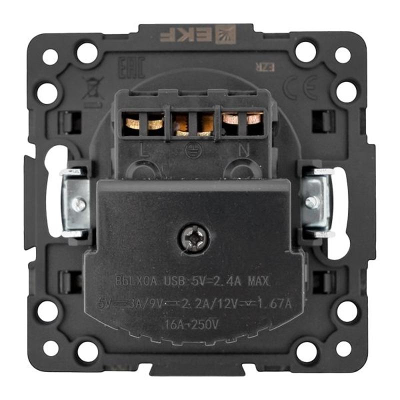 Стокгольм Механизм Розетки 1-местной с/з, USB 2A 16А винтовые клеммы черный с защ. штор. | EZR16-2USB-typeA | EKF — миниатюра 4