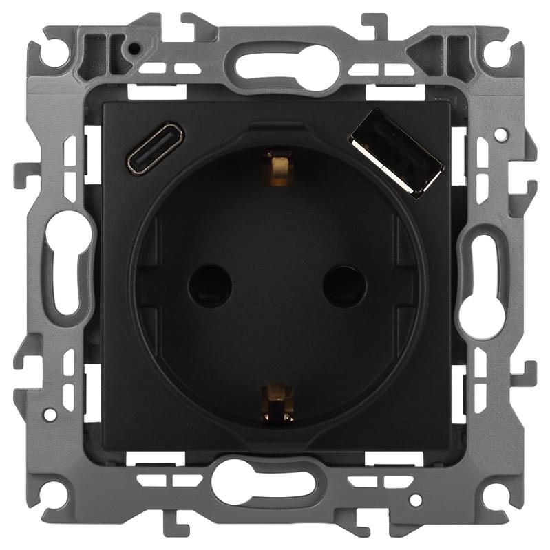 Розетка  Серия 12 12-4108-05 2P+E 16A-250В со шторками с USB type-A+C 5В-3А антрацит | Б0067707 | ЭРА — миниатюра 1