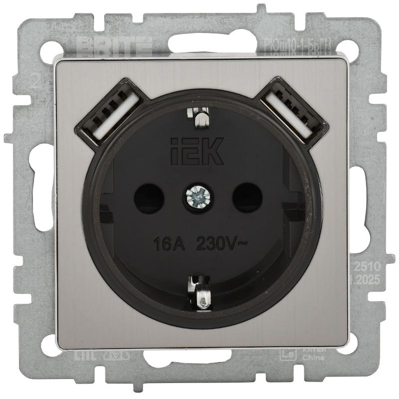BRITE Роз. с з/к/ш 16А USB A+A 2,1А РЮш10-1-БрГН мет х/н  | BR-R14-16-U21-D21-M-K23 | ИЭК — миниатюра 2