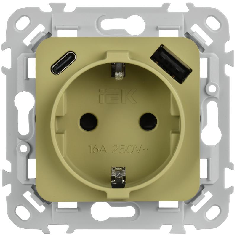 FLITE Розетка с заземлением со шторками 16А с USB A+C 20Вт быстрозажимные клеммы РСЮшс11-1-ФлО оливковый | FI-R14-16-1-U22-020-K26 | IEK — миниатюра 2