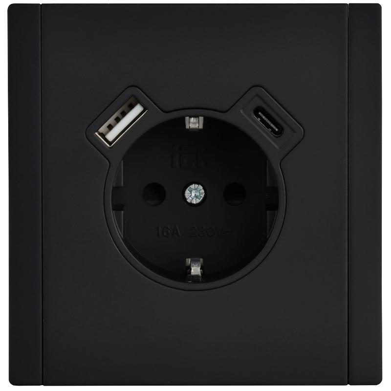 FORTE&PIANO Розетка с заземлением со шторками в/к 16А USB A+C 18Вт FP147M черный — миниатюра 2