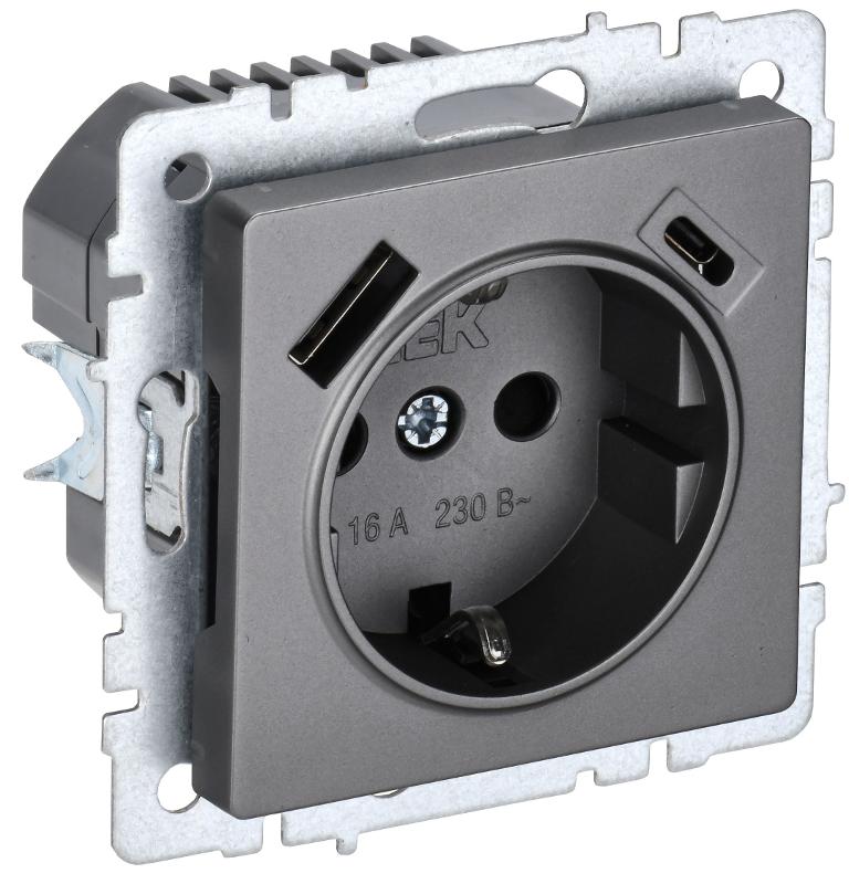 BRITE Розетка с заземлением со шторками 16А с USB A+C 18Вт РЮш11-1-БрС сталь | BR-R14-16-U22-018-K46 | IEK — миниатюра 1