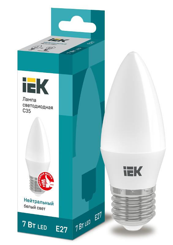 Лампа светодиодная LED 7Вт Е27 220В 4000К C35 свеча | LLE-C35-7-230-40-E27 | IEK — IEK (ИЭК)