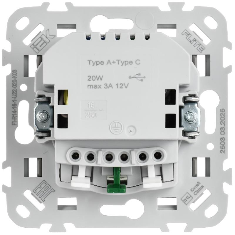 FLITE Розетка с заземлением со шторками 16А с USB A+C 20Вт быстрозажимные клеммы РСЮшс11-1-ФлС серый | FI-R14-16-1-U22-020-K03 | IEK — миниатюра 3