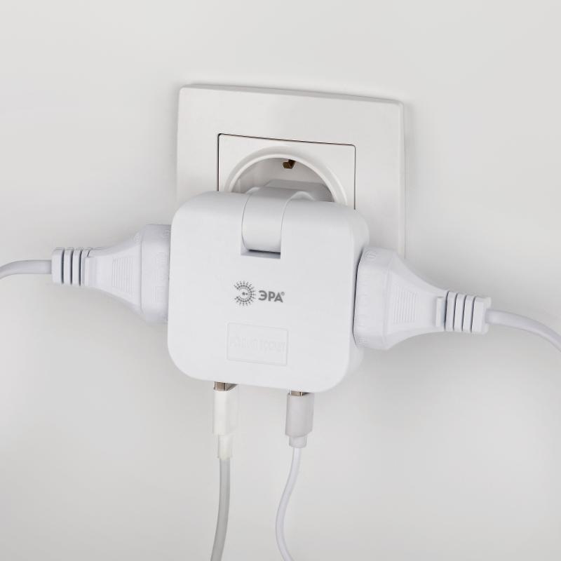 Разветвитель электрический ЭРА SPF-2-FL-USB поворотный на 2 розетки + 2USB 10А белый — миниатюра 7