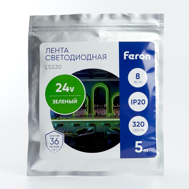 Лента светодиодная 320SMD(2110) 8Вт/м 24V 5000*8*1.8мм IP20, зеленый, LS530 FERON | 48268 | FERON — миниатюра 6