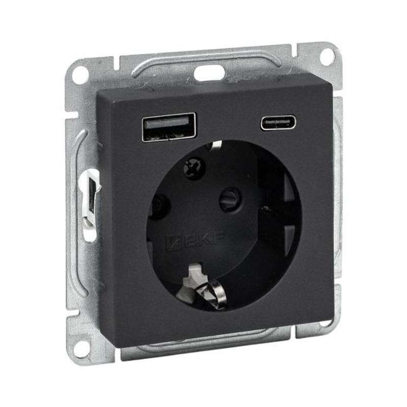 Механизм розетки с USB-A+С - 2шт, 16А, с заземлением, со шторками, чёрный Эпика EKF | UP1-SOB-111-USBA+USBC | EKF — EKF