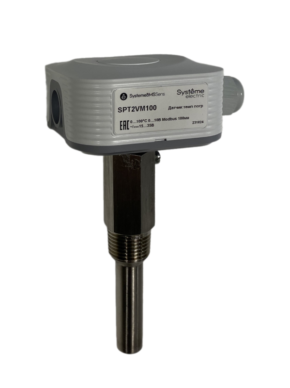 Датчик температуры погружной, 0…+100°С 0…10В RS485/Modbus 100мм ~24В±20%/=15…35В с гильзой 50мм | SPT2VM100 | SE — миниатюра 1
