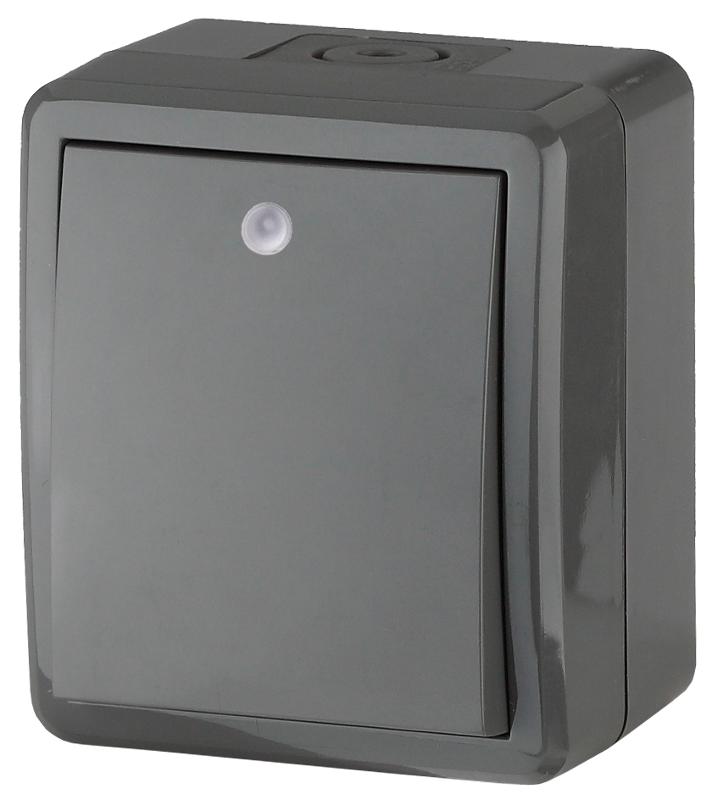 Выключатель с подсветкой IP54, 10АХ-250В, 11-1402-03, ОУ, Эксперт, Серый (16) |Б0020672 | ЭРА — миниатюра 1