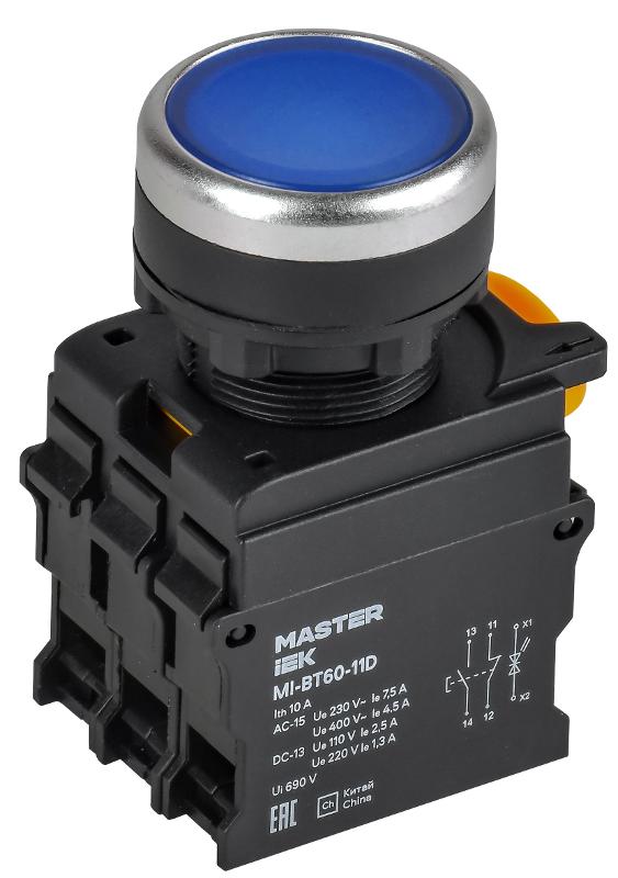 Кнопка с подсветкой d=22мм 1NO+1NC синяя MASTER | MI-BT60-11D-3-12-K07 | IEK — IEK (ИЭК)