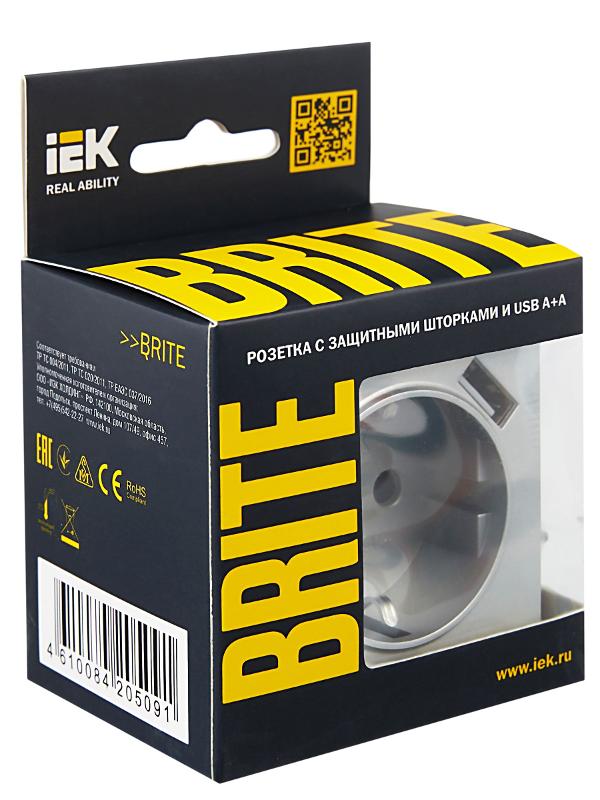BRITE Розетка с заземлением со шторками 16А с USB A+A 2,1А РЮш10-1-БрА алюминий | BR-R14-16-U21-D21-K47 | IEK — миниатюра 7