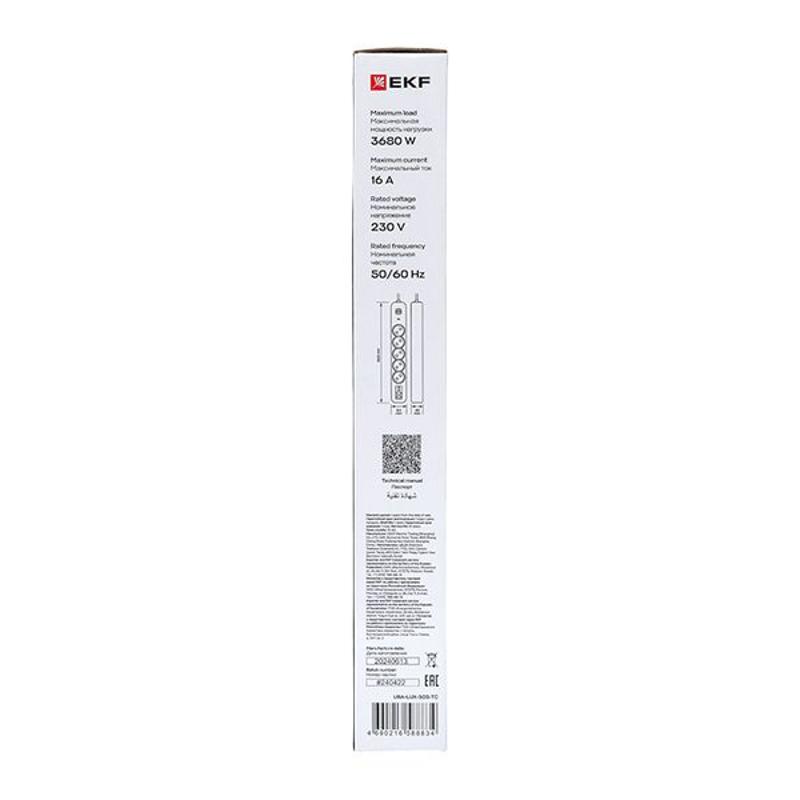 Удлинитель LUX 5 гнезд 2USB 2,4А+2type-C 5 метров 1,5мм2 | UBA-LUX-505-TC | EKF — миниатюра 10