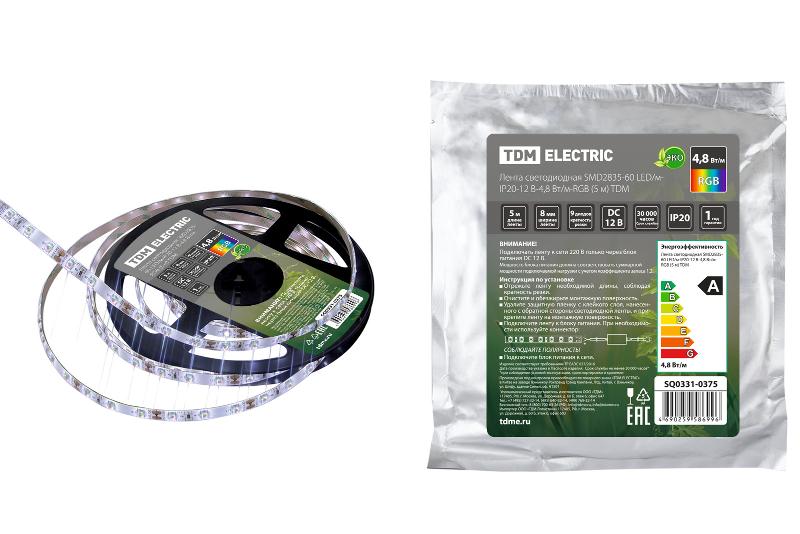 Лента светодиодная SMD2835-60 LED/м-IP20-12 В-4,8 Вт/м-RGB (5 м) | SQ0331-0375 | TDM — TDM ELECTRIC