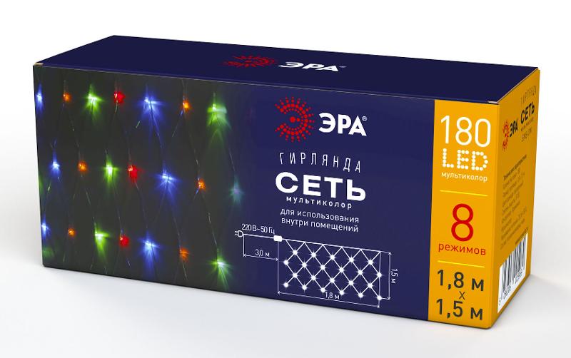 Гирлянда светодиодная  Сеть 1,8 м*1,5 м мультиколор, мультирежим,  ENIS-01M  , 220V, IP20 (60/540) | Б0041901 | ЭРА — миниатюра 1