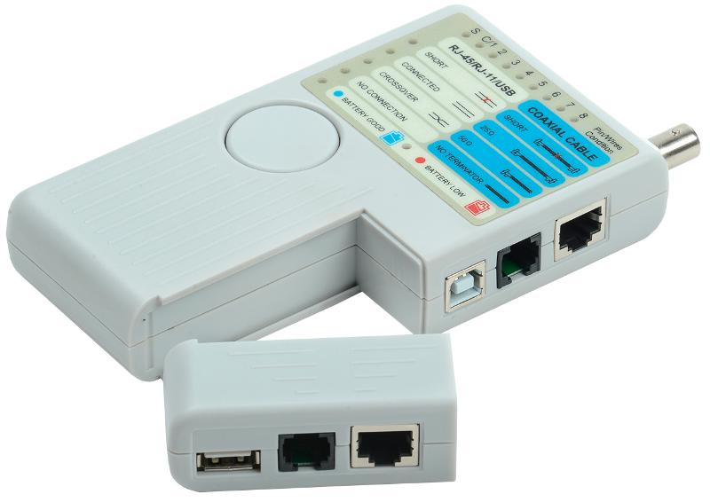 Тестер для витой пары 4в1 RJ45/RJ11/BNC/USB с элем. пит. | WH3468 | ITK — фото 1 | Sento