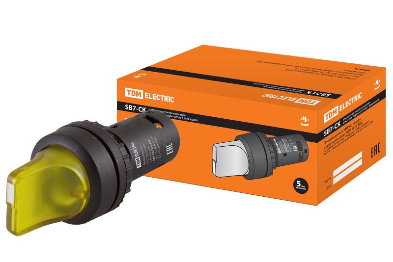 Переключатель на 2  положения с фиксацией SB7-CK2565-24V короткая ручка(LED) d22мм 1з+1р желтый | SQ0746-0064 | TDM — TDM ELECTRIC