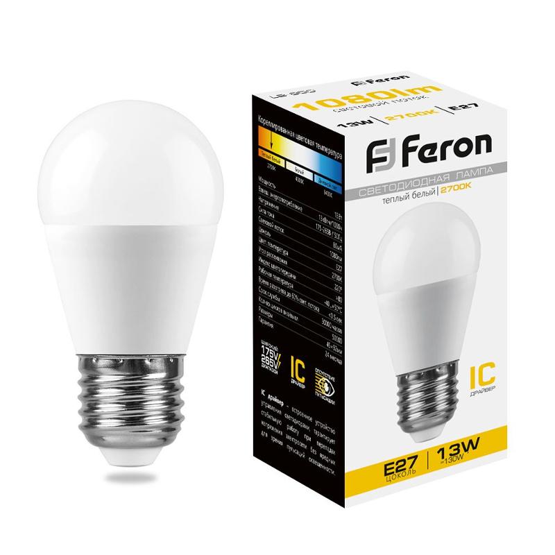 Лампа светодиодная, (13W) 230V E27 2700K G45, LB-950 | 38104 | FERON — миниатюра 1
