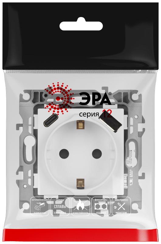 Розетка  Серия 12 12-4108-01М 2P+E 16A-250В со шторками с USB type-A+C 5В-3А белый матовый | Б0067711 | ЭРА — миниатюра 2