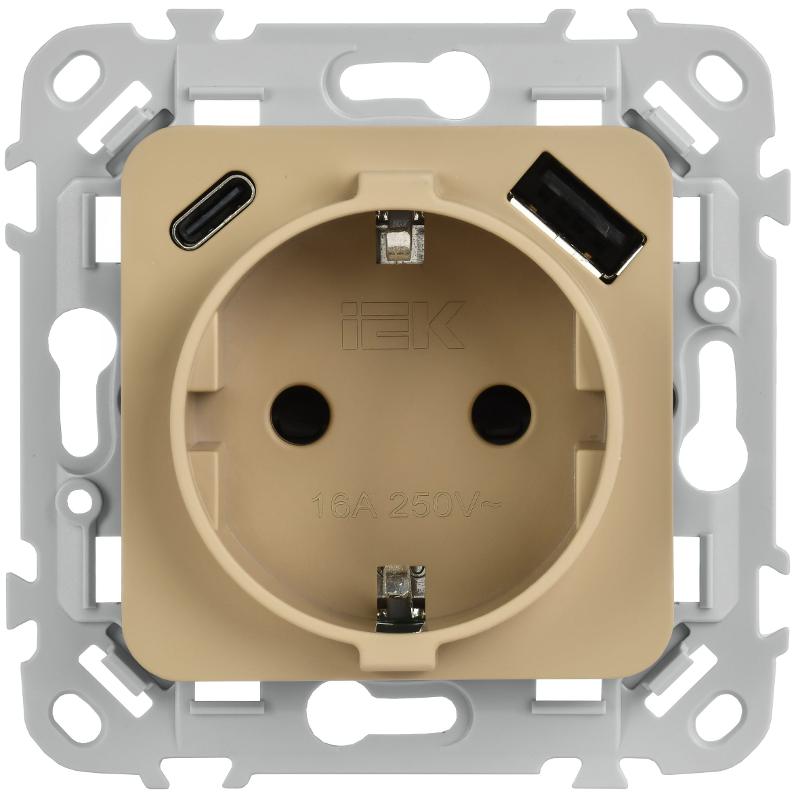FLITE Розетка с заземлением со шторками 16А с USB A+C 20Вт быстрозажимные клеммы РСЮшс11-1-ФлХ хаки | FI-R14-16-1-U22-020-K59 | IEK — миниатюра 2