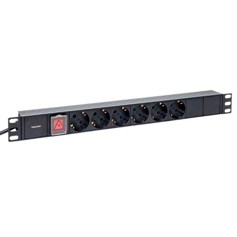 Блок розеток PDU TERACOM 19" 1U 16А/250В 6 розеток Schuko 2 метра 3x1,5 мм2 вилка Schuko | TRC-HPD-LS-16A-6SH-2MSH | EKF — миниатюра 1