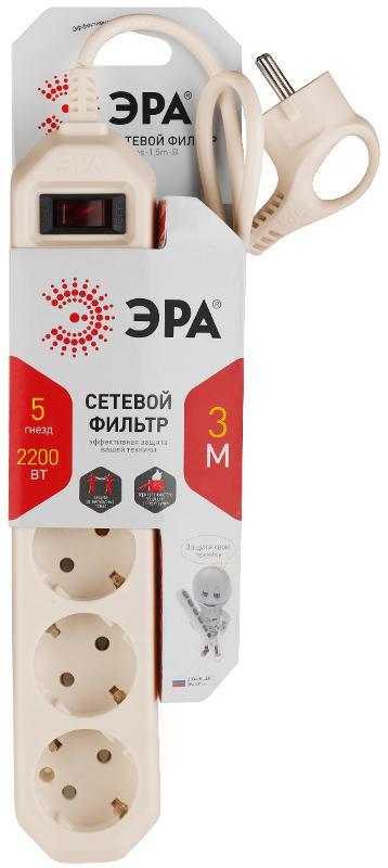 Сетевой фильтр USF-5es-3m-I   (сл.кость) с заземл, 3x0,75мм2, с выкл, 5гн, 3м (20/600) |Б0019035 | ЭРА — миниатюра 2
