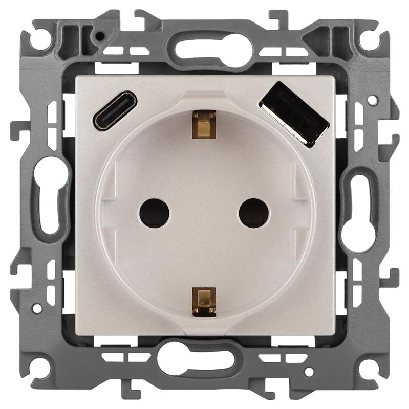 Розетка  Серия 12 12-4108-15 2P+E 16A-250В со шторками с USB type-A+C 5В-3А перламутр | Б0067767 | ЭРА — миниатюра 1