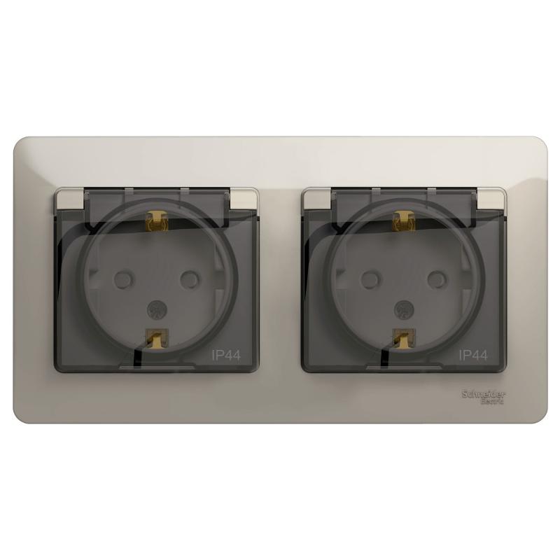 Glossa Молочный Розетка 2-ая с з/к, со шторками (в сборе), IP44 | GSL000947 | SE — Systeme Electric