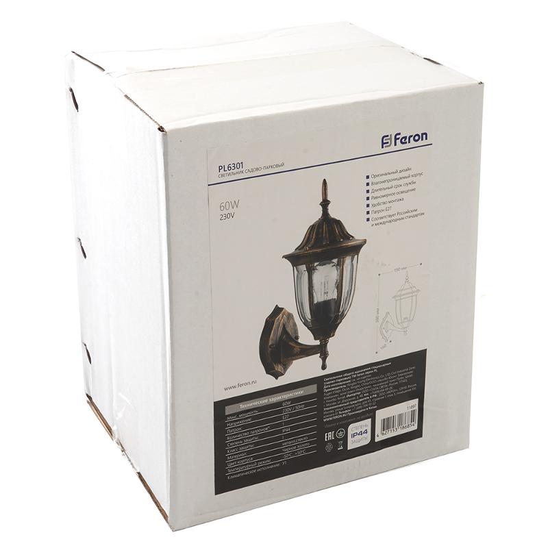 Светильник садово-парковый PL6301 шестигранный на стену вверх 60W E27 230V, черное золото | 11897 | Feron — миниатюра 7