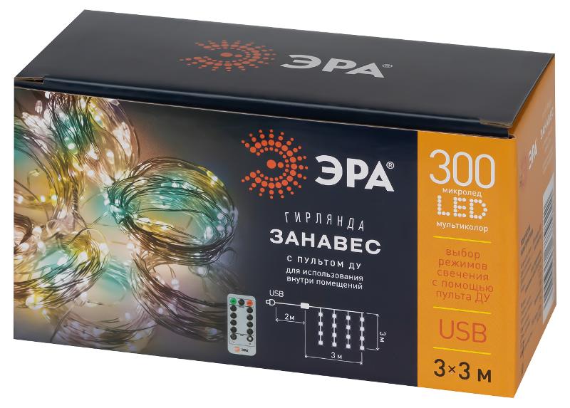 Гирлянда Занавес ЕGNIG - ZM с пультом, мультиколор, 300 LED, 3*3 м, с пультом, USB, 220 V, IP20 | Б0056000 | ЭРА — миниатюра 2
