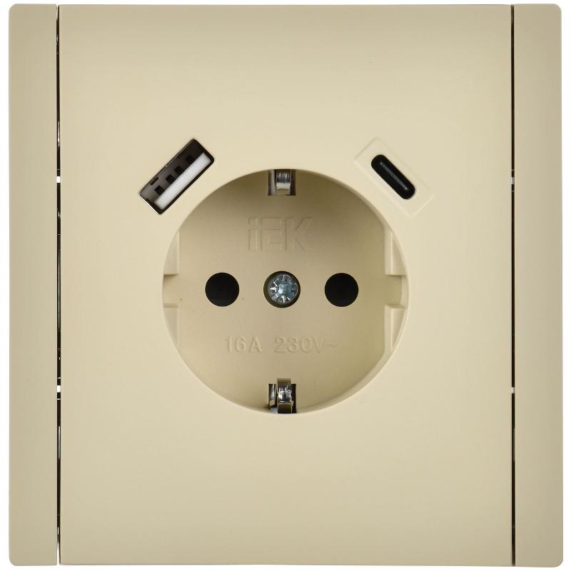 FORTE&PIANO Розетка с заземлением, со шторками в/к 16А USB A+C 18Вт FP447 ваниль | FP-R14-16-U22-018-K10 | IEK — миниатюра 2
