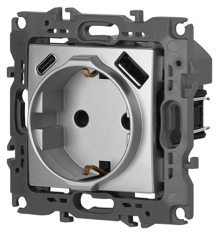 Розетка  Серия 12 12-4108-03 2P+E 16A-250В со шторками с USB type-A+C 5В-3А алюминий | Б0067716 | ЭРА — миниатюра 5