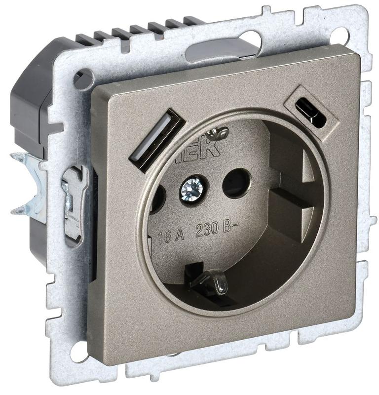 BRITE Розетка с заземлением со шторками 16А с USB A+C 18Вт РЮш11-1-БрШ шампань | BR-R14-16-U22-018-K37 | IEK — IEK (ИЭК)