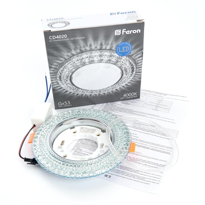 Светильник потолочный встраиваемый под лампу GX53 CD4020 20LED*2835 SMD 4000K, 15W GX53, без лампы, прозрачный, хром | 29473 | FERON — миниатюра 7
