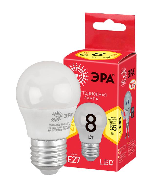 Лампа cветодиодная ECO LED P45-8W-827-E27 (диод, шар, 8Вт, тепл, E27) (10/100/3600) | Б0030024 | ЭРА — ЭРА (Энергия света)