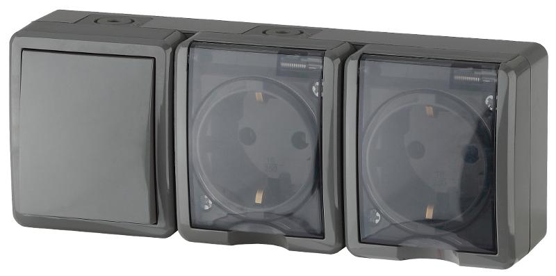 Блок две розетки+выключатель 11-7403-03 IP54, 16АХ(10AX)-250В, ОУ, Эксперт, Серый (5) |Б0027674 | ЭРА — миниатюра 1