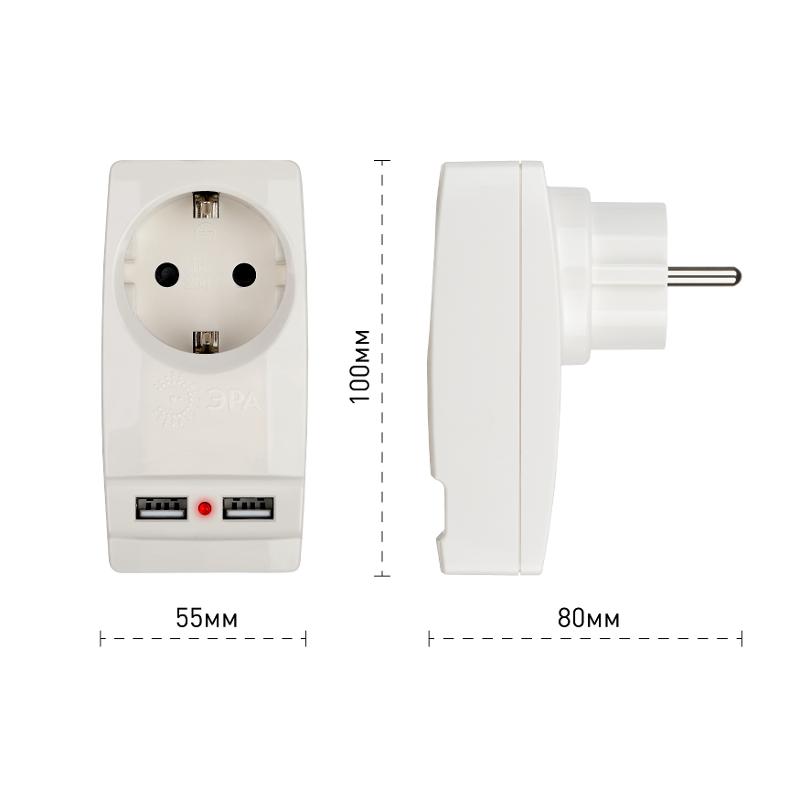 Адаптер SP-1e-USB-W "Polynom" 1гн 220V + 2xUSB 2100mA, c заземл, (белый) (10/60/1440) | Б0026332 | ЭРА — миниатюра 3