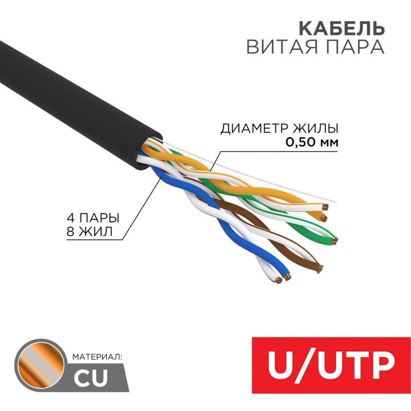 Кабель U/UTP, CAT 5e, ZH нг(А)-HF, 4PR, 24AWG, OUTDOOR, черный, 305м | 01-0065 | REXANT — REXANT