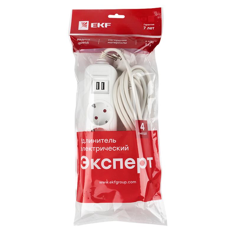 Удлинитель "Эксперт" 4 гнезда 5 метров 16А/3,5кВт с 2 USB 2,1А ПВС 3х1 | UBA16-2USB-4-05i | EKF — миниатюра 3