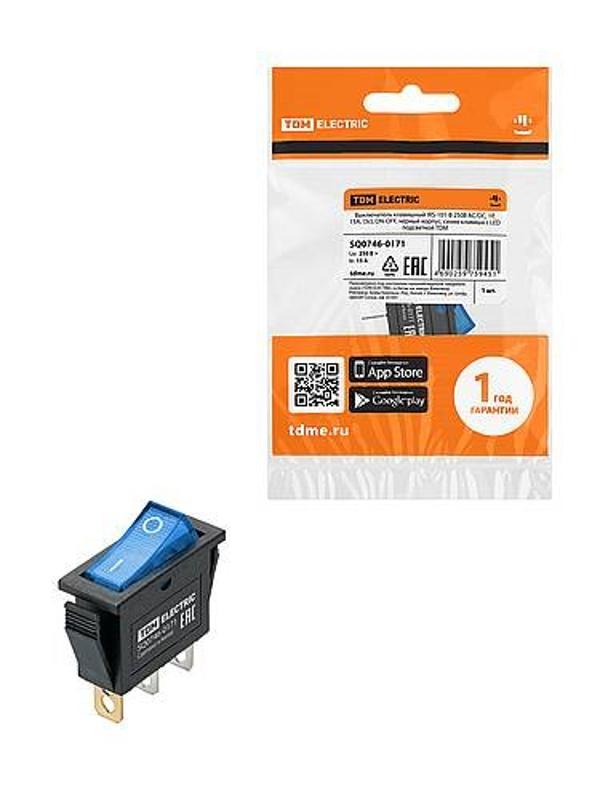 IRS-101N 250В AC/DC, 1P, 15А, (3с), ON-OFF, черный корпус, синяя клавиша с LED подсв. | SQ0746-0171 | TDM — TDM ELECTRIC