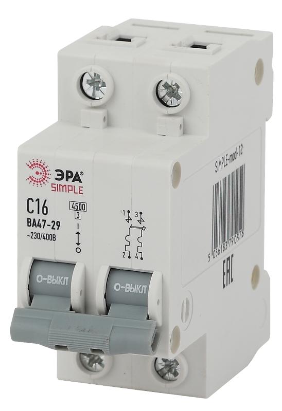 Выключатель автоматический двуххполюсный SIMPLE-mod-12 ВА47-29 2P 16А 4,5кА характеристика C SIMPLE | Б0039229 | ЭРА — фото 1 | Sento
