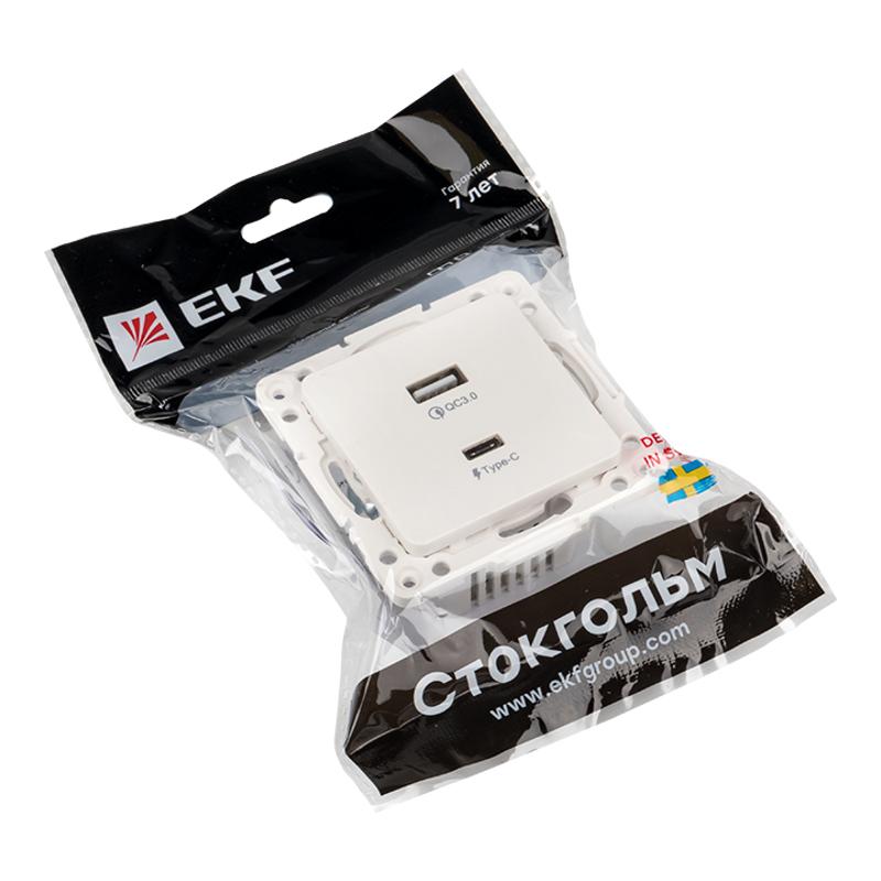 Стокгольм Механизм Розетки с 2USB type-A + type-C белый PROxima | EYR-2USB-type-C | EKF — миниатюра 2