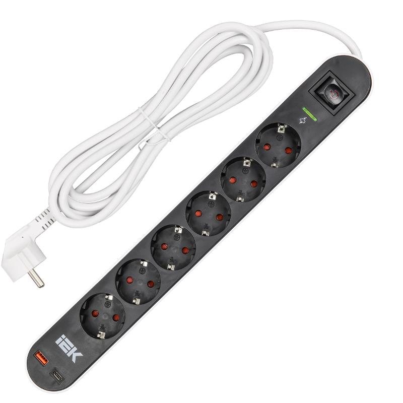 Фильтр сетевой СФ-06К 16А USB A+C 20Вт 3м 3х1,5мм2 чер.  | WFP10-16-06-03-ZKU-K02 | ИЭК — миниатюра 2