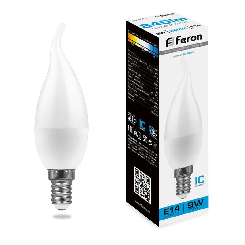 Лампа светодиодная, (9W) 230V E14 6400K свеча на ветру C37Т, LB-570 | 38136 | FERON — миниатюра 1