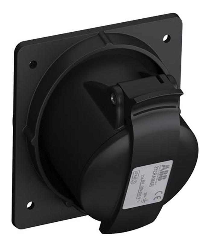 Розетка панельная с угловым минимальным фланцем 232RAM6B, 32A, 2P+E, IP44, 6ч, черный, для шоу-бизнеса|2CMA100546R1000| ABB — ABB