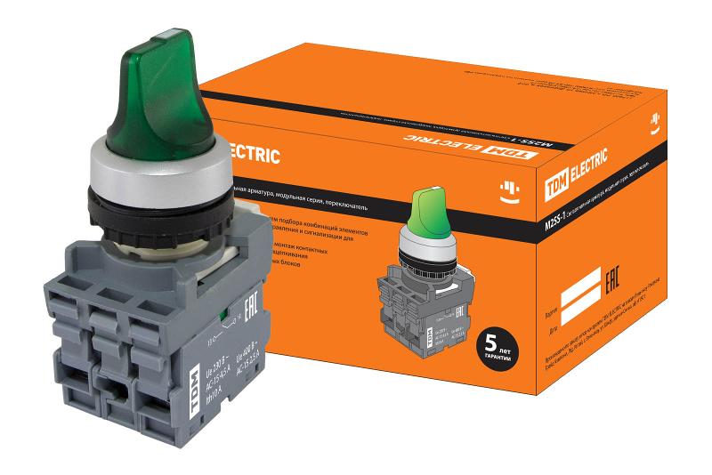 Переключатель на 2 положения с фиксацией M2SS1-21G короткая ручка(LED) d22мм/220B 1з+1р зеленый | SQ0747-0071 | TDM — фото 1 | Sento
